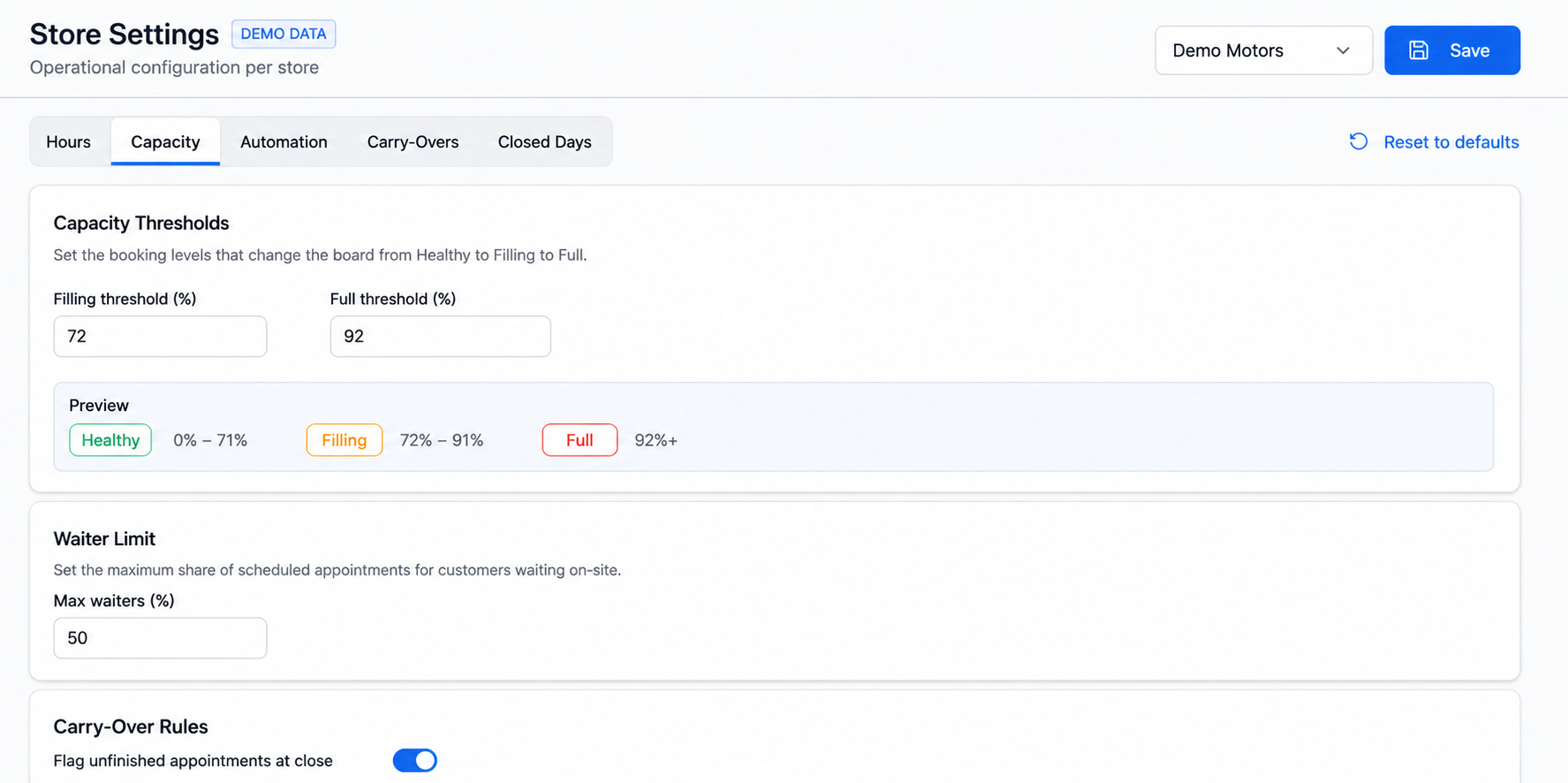 ServiceHub Capacity Controls screen using synthetic demo settings and values