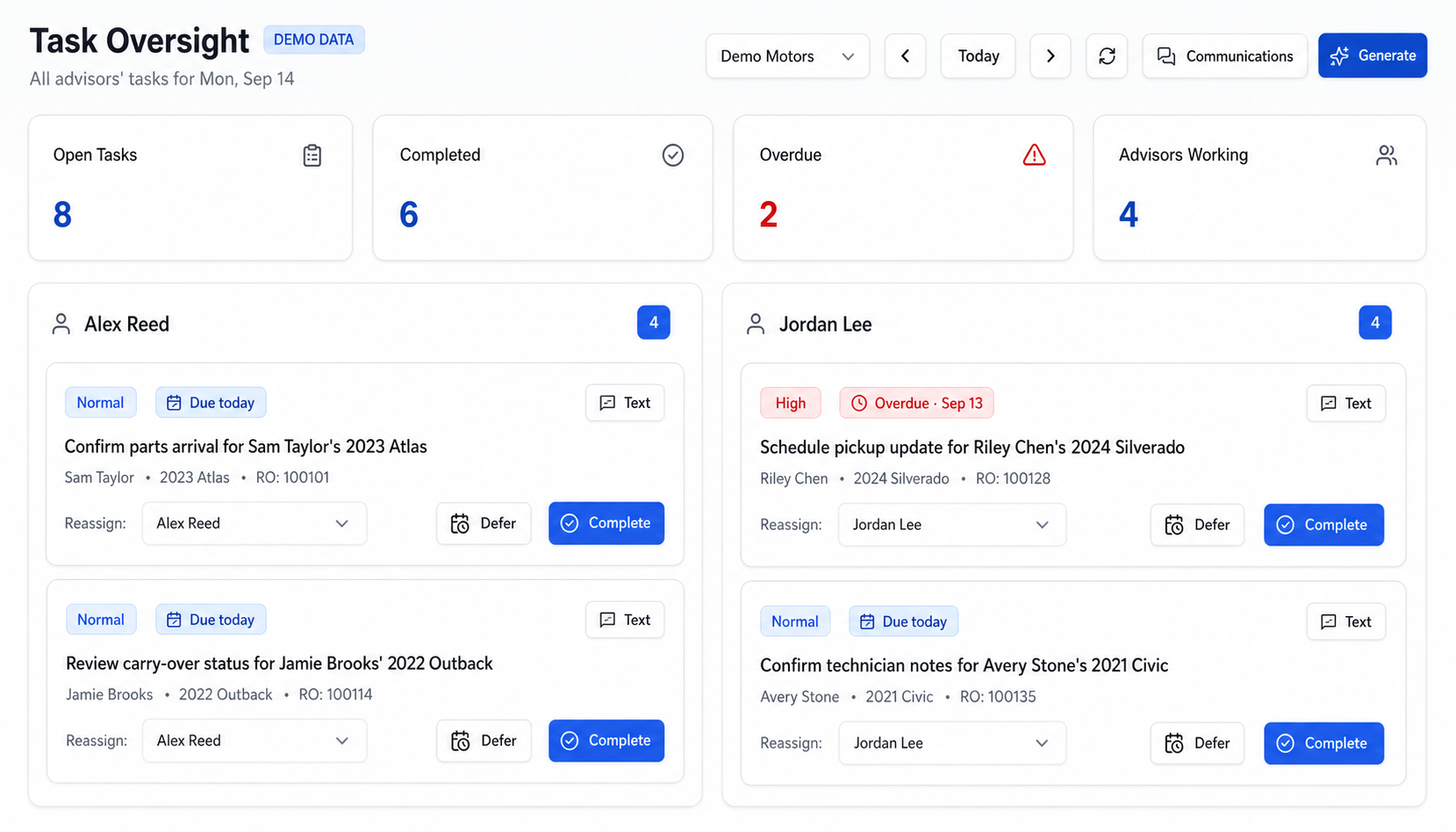 ServiceHub Task Oversight screen using synthetic demo advisors, customers, vehicles, tasks, and metrics
