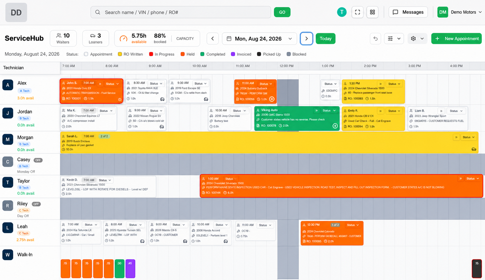 ServiceHub dispatch board with technician lanes, capacity controls, and color-coded repair orders